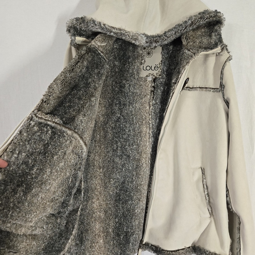 Lole Faux Fur Suede Coat Large Cream Zipper Pockets Full Zip Ultra Soft Boho - Picture 8 of 8